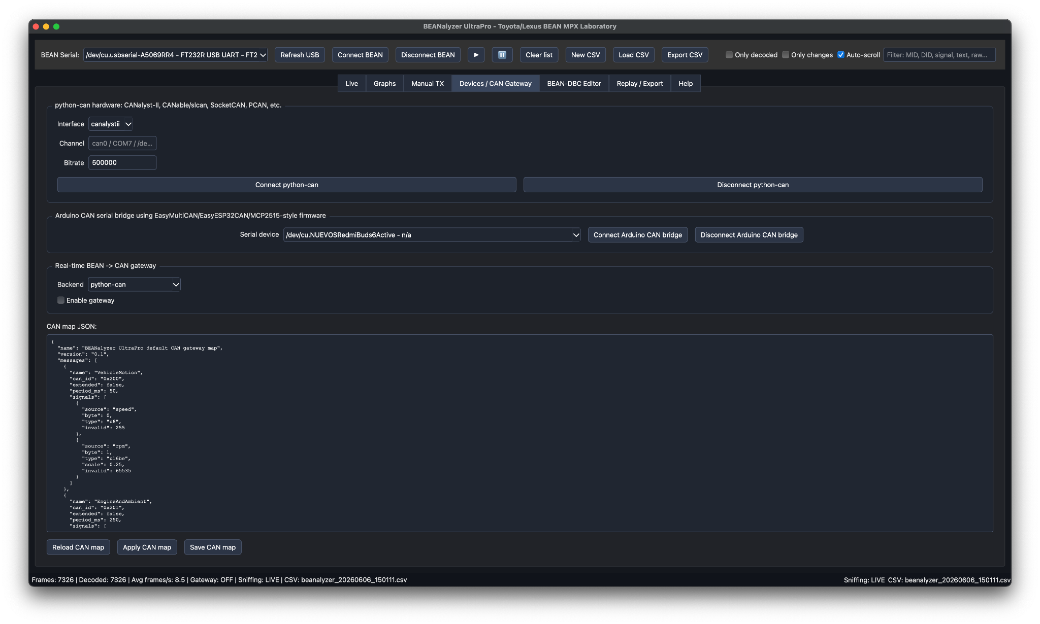 BEANalyzer UltraPro BEAN to CAN gateway configuration panel